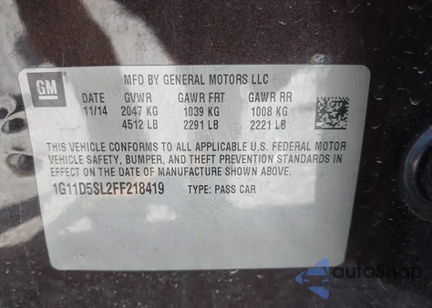 2015 Chevrolet Malibu 2Lt из США, поврежденный, VIN 1G11D5SL2FF218419